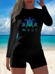 Sea Turtles Hawaiian Diving Souvenir Women'S High Elasticity Tummy Control Long Sleeve Two-Piece Swimsuit, Protection Swimwear for Beach Vacation Pool Parties