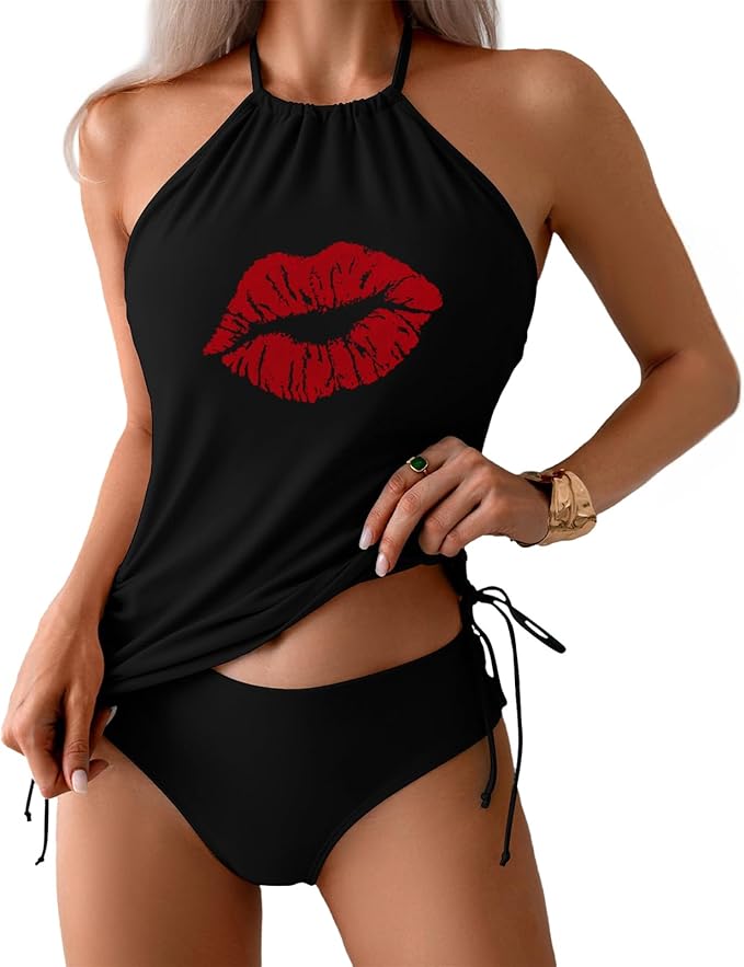 Custom Face Swimsuit Personalized Halter Tankini Swimwear with Any Text Photo Bathing Suit for Women