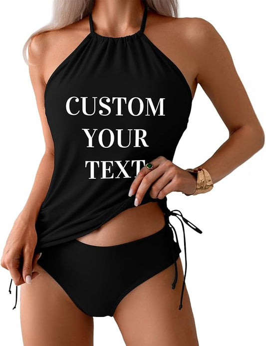 Custom Face Swimsuit Personalized Halter Tankini Swimwear with Any Text Photo Bathing Suit for Women